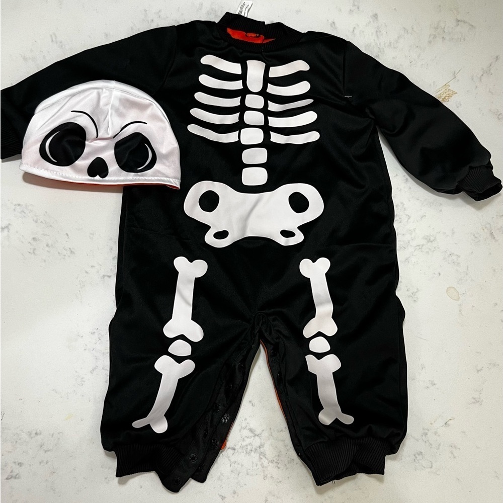 ORANGE AND BLACK PUMPKIN AND SKELATON REVERSIBLE COSTUME FOR KIDS - Picture 2 of 12